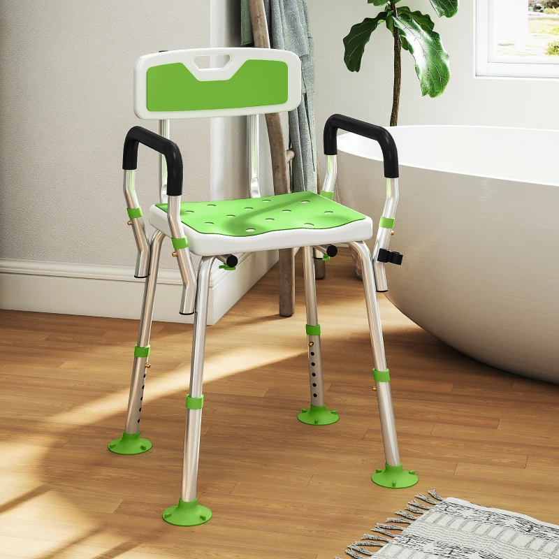 HOMCOM EVA Padded Shower Chair for the Elderly and Disabled, Height Adjustable Shower Stool with Back and Arms, 4 Suction Foot Pads, Green