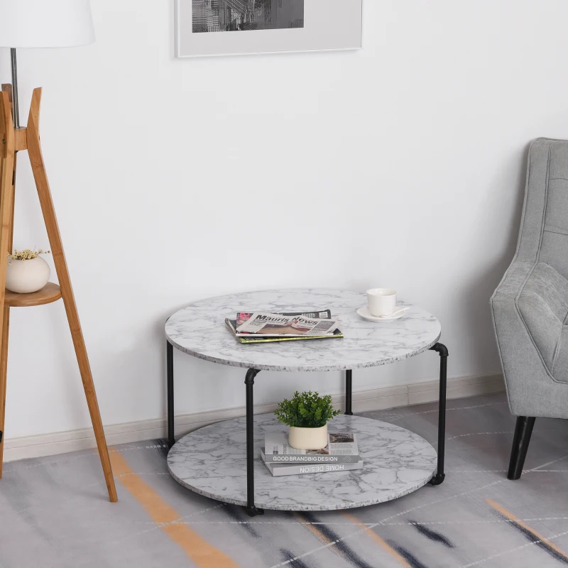 HOMCOM Table Basse Ronde avec étagère dim. Ø 80 x 45H cm Panneaux Particules Imitation marbre Blanc métal Noir