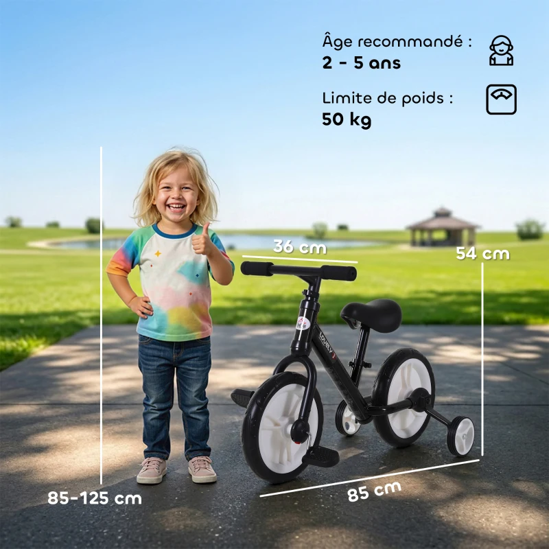 HOMCOM Vélo Enfant draisienne 2 en 1 roulettes et pédales Amovibles Roues 12" Hauteur Selle réglable pour enfants de 2 à 5 ans Acier Noir
