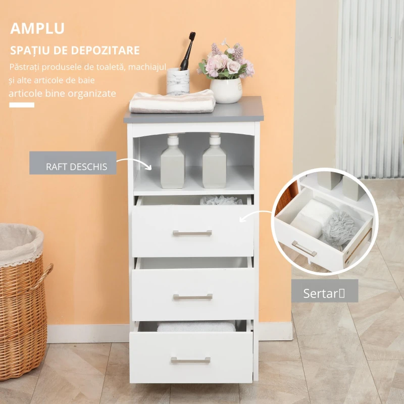 Kleankin Dulapior Baie Alb – 3 Sertare & Raft Deschis, MDF 40×33×80 cm(m-4)