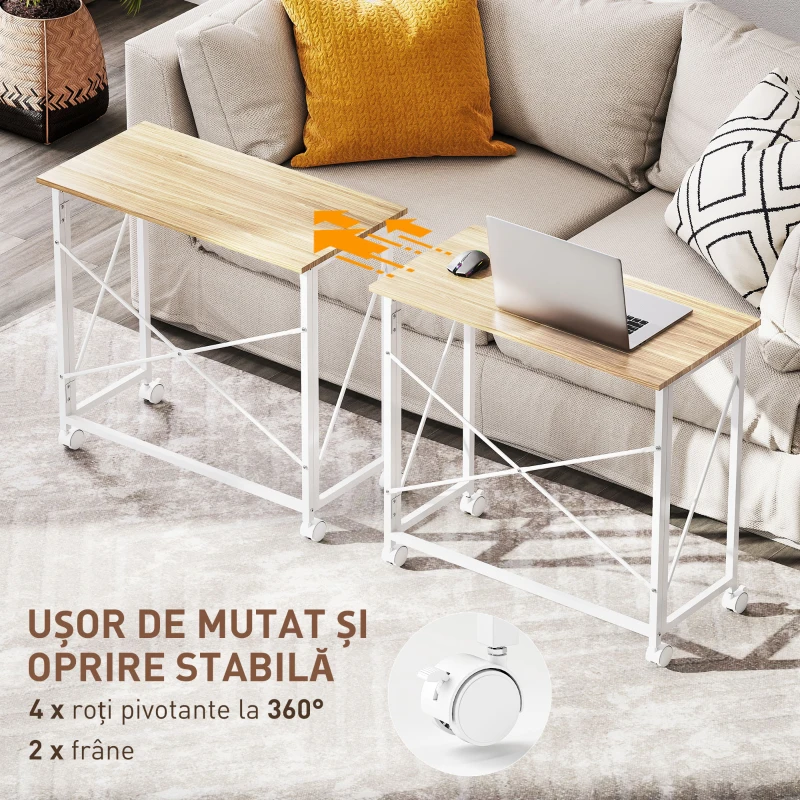 HOMCOM Birou Pliabil Economisitor de Spațiu cu 4 Roți și Frână, 80x40x75 cm, Lemn