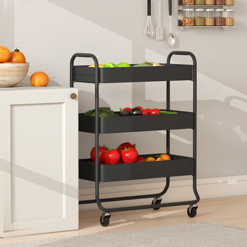 HOMCOM Küchenwagen, 3 Körbe, 4 Rollen, Metall, Schwarz