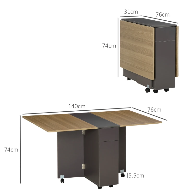HOMCOM Tavolo Pieghevole da Pranzo in Truciolato con 2 Cassetti, 1 Armadietto, max. 6 Persone, 140x76x76 cm