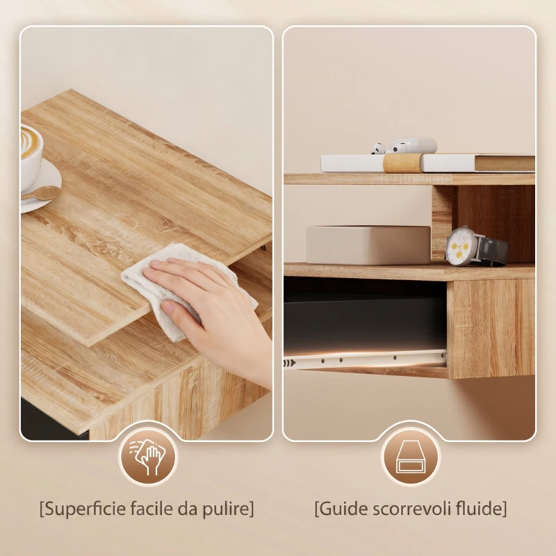 HOMCOM Set di 2 Comodini Sospesi con Cassetto e Mensola Aperta, 35x32x22.5 cm, Nero e Rovere