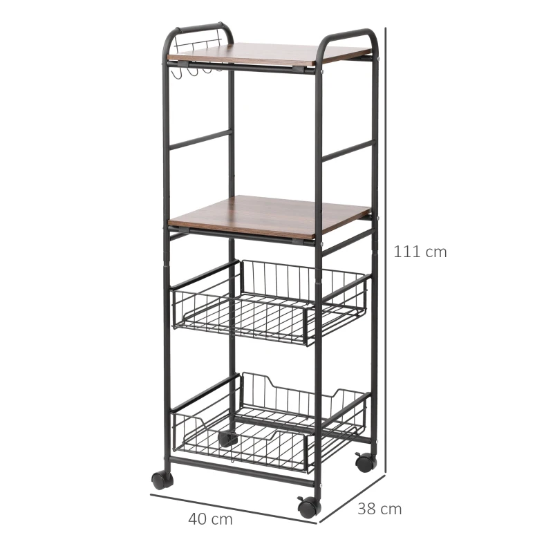 HOMCOM Carrello da Cucina con 2 Cesti estraibili in Metallo, 2 ripiani in Legno Truciolato e Ganci laterali, 40x38x111cm