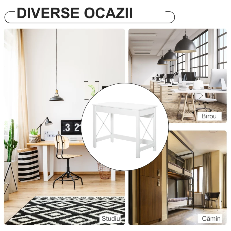 HOMCOM, Birou de Studiu, Stil Modern, MDF, Metal, 105x50x76 cm, Alb