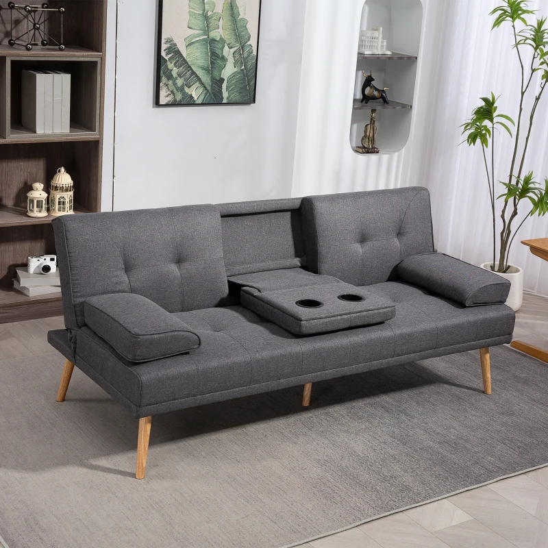 HOMCOM Canapé convertible 3 places, canapé-lit rembourré avec dossier réglable 3 niveaux, 2 coussins et 2 porte-gobelets intégrés, tissu de lin, pour salon, chambre d'amis, petit espace, gris foncé