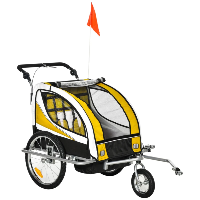 HOMCOM Remolque para Bicicleta con Barra para Niños de 2 Plazas con Rueda Delantera Giratoria 360° y Asiento Acolchado Carga Máx. 40 kg Amarillo
