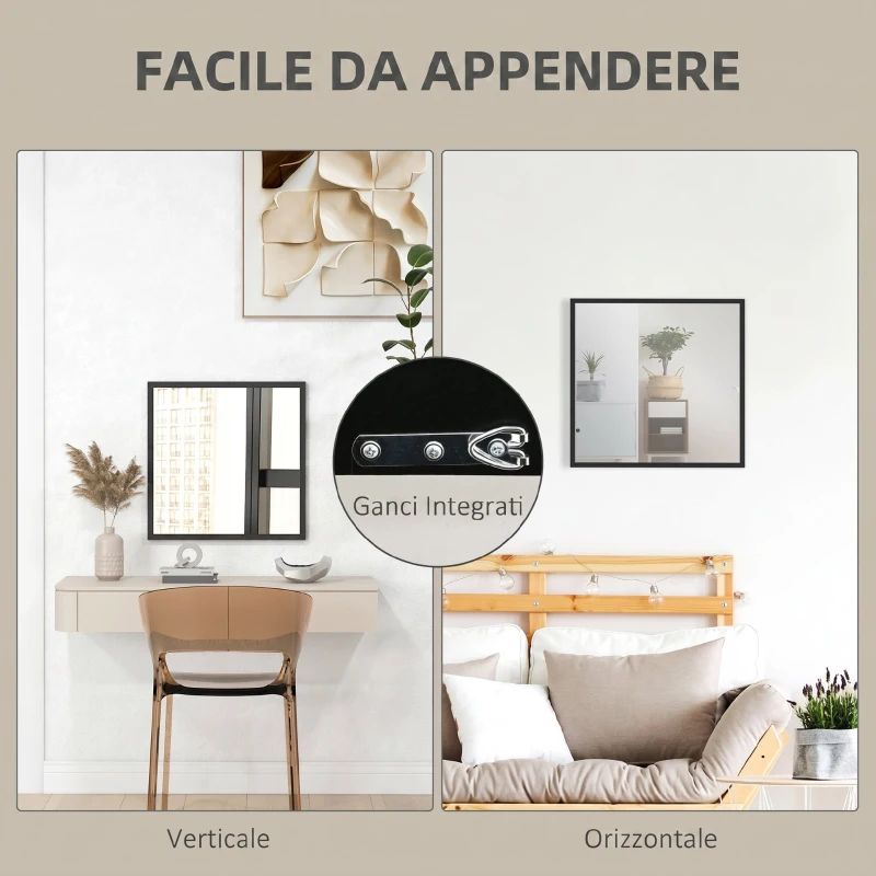 HOMCOM Specchio da Parete Rettangolare con Ganci, Specchio a Muro in Vetro e MDF, 50x50 cm, Nero