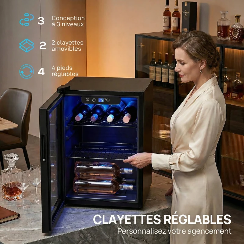 HOMCOM Cave à vin 16 bouteilles 48L, réfrigérateur à vin et boissons avec température réglable 4-16 °C, porte réversible, noir