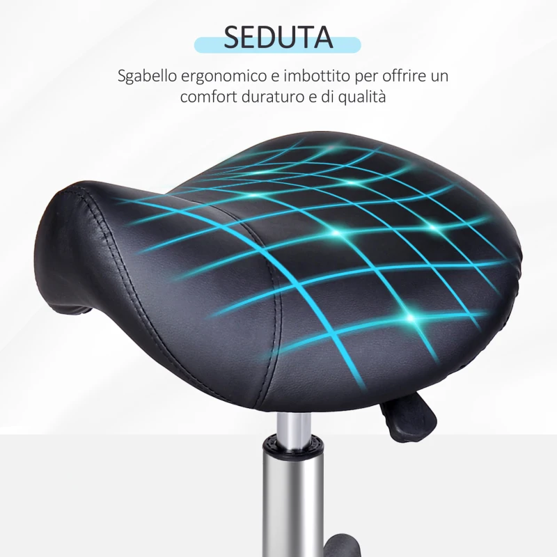HOMCOM Sgabello Girevole a Sella con Ruote e Altezza Regolabile, Imbottito e Rivestito in Finta Pelle, Nero