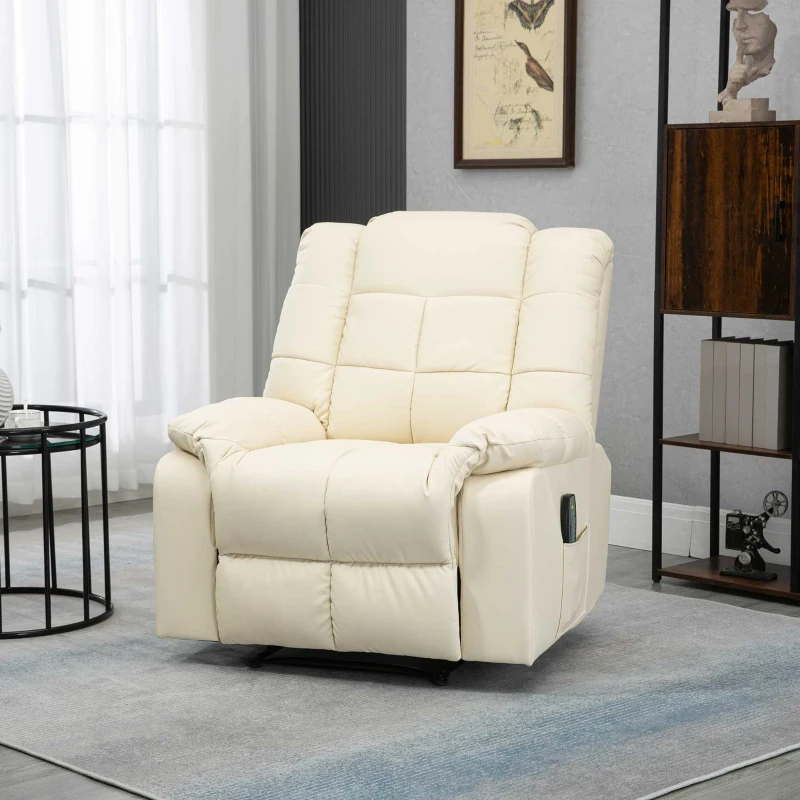 HOMCOM Sillón de Masaje Reclinable con 8 Puntos de Masaje Mando a Distancia Tapizado en PU Reposapiés Bolsillo Lateral Crema