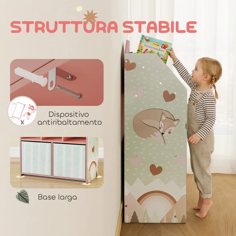 AIYAPLAY Libreria per Bambini a 3 Livelli con Cassetti e Scaffali, in Legno e Tessuto, 62.5x30x91.5 cm, Rosa