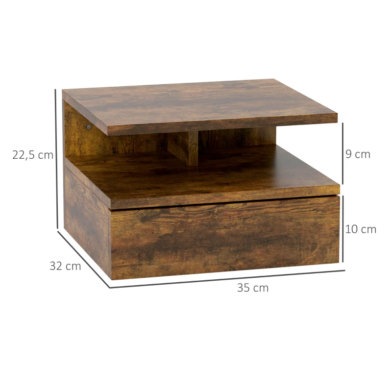 HOMCOM Set da 2 Comodini Sospesi per Camera da Letto con Cassetto e Mensola in Legno 35x32x22.5cm, Marrone