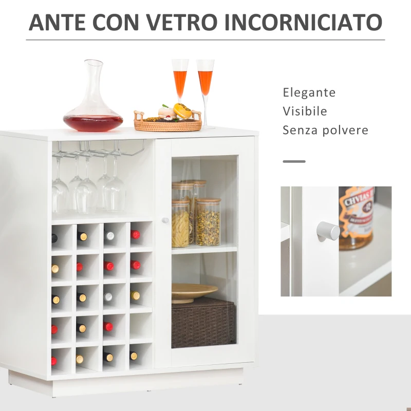 HOMCOM Mobiletto Portabottiglie Vini con Porta Calici e Armadietto, Capacità 20 Bottiglie, 80x36x85 cm, Bianco
