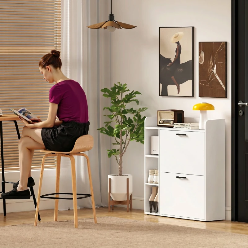 HOMCOM Meuble à chaussures 15 paires, armoire à chaussures moderne avec 2 tiroirs rabattables, 83x24x90,5cm, blanc