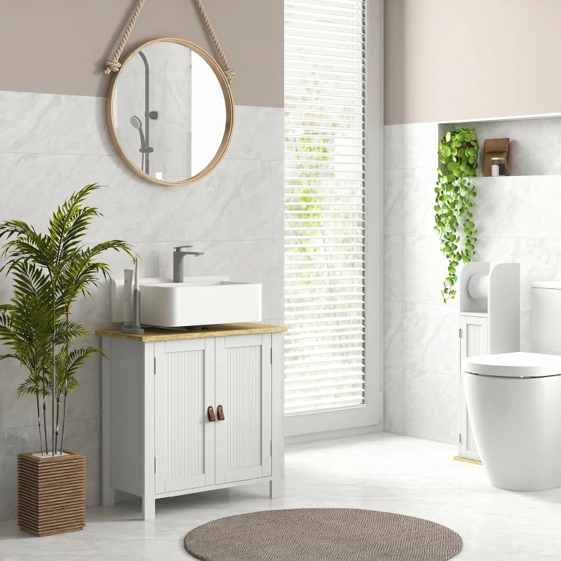 kleankin Mobile Sotto Lavabo per Bagno, 2 Ante, Ripiano Regolabile, 2 Livelli di Archiviazione, Maniglie in PU, 60 x 30 x 60 cm, Bianco