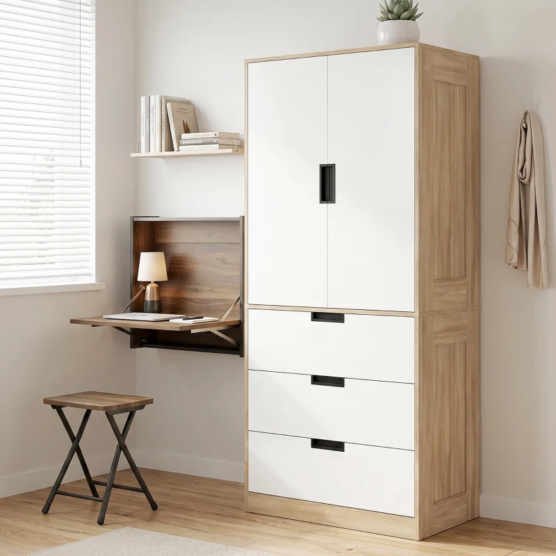 HOMCOM Modern Clothes Storage Cupboard Unit, 3 Drawer 2 Door Wardrobe with Hanging Rod, Oak