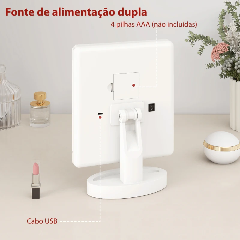 HOMCOM Espelho de Maquilhagem com Luz com Aumento 1x/2x/3x Rotação Livre de 180° 21 Luzes LED 28x12x18 cm Branco