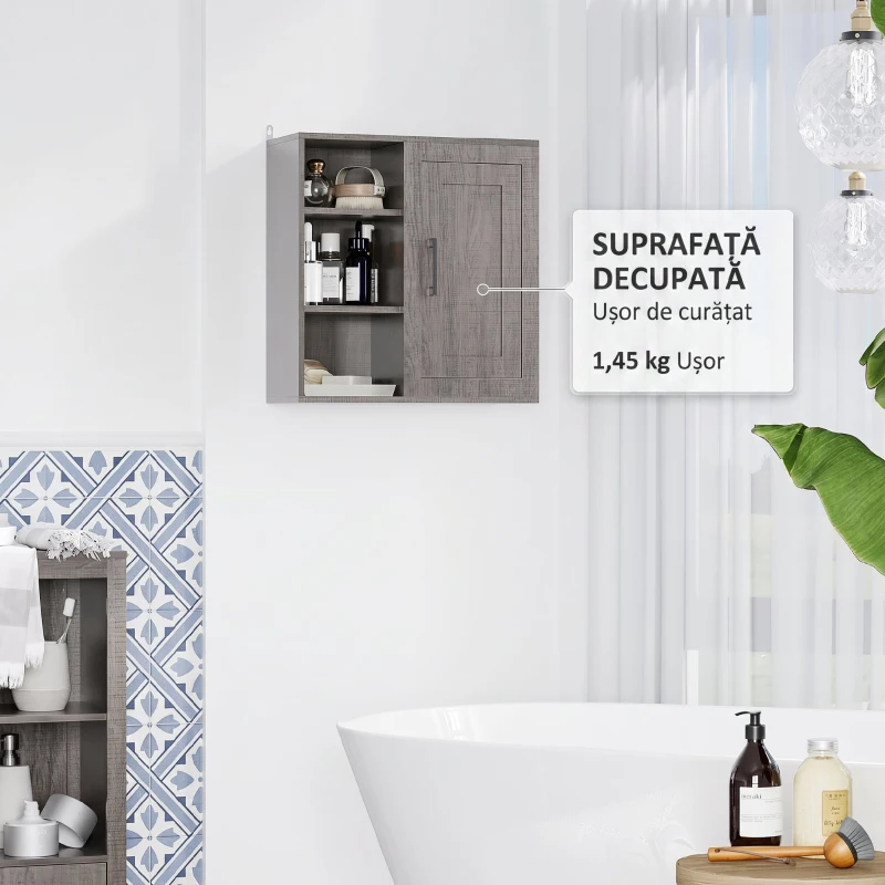 kleankin Dulap de Baie Suspendat cu Montare pe Perete, Dulăpior cu 3 Rafturi Deschise pentru Depozitare, Gri