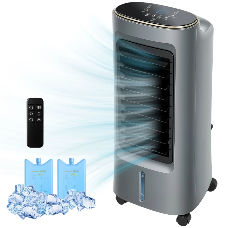 HOMCOM Refroidisseur d'air mobile 4 en 1 humidificateur purificateur ventilateur, oscillation 90°, 3 vitesses, 3 modes, gris