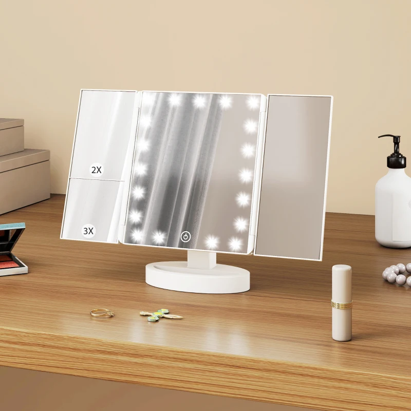 HOMCOM Espejo Maquillaje con Luz Aumento 1X/2X/3X Rotación Libre de 180° 21 Luces LED Interruptor Táctil Blanco