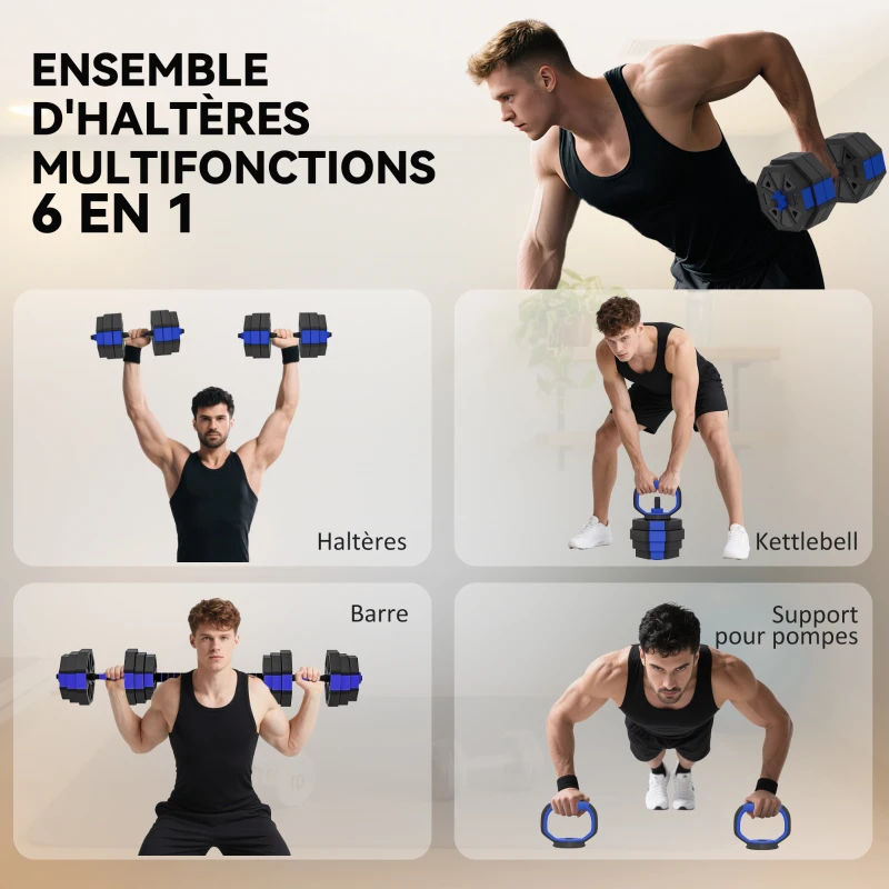 SPORTNOW Ensemble d'haltères musculation 6-en-1 haltère réglable 25 kg kettlebell, barre de musculation support pour pompes bleu