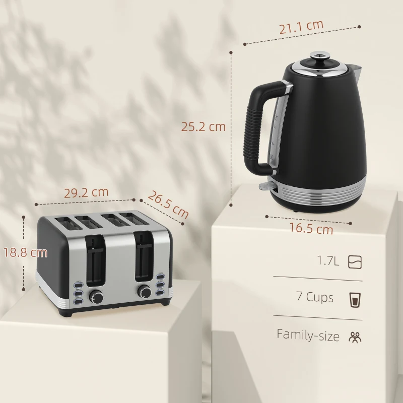 HOMCOM Stainless Steel Panel Kettle and Toaster Set - Black