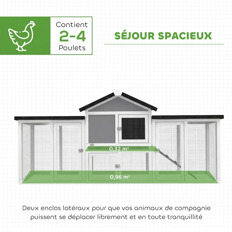 PawHut Poulailler clapier modèle chalet multi-équipé : rampes, nichoirs, plateau, en bois massif 204 x 85 x 93 cm gris