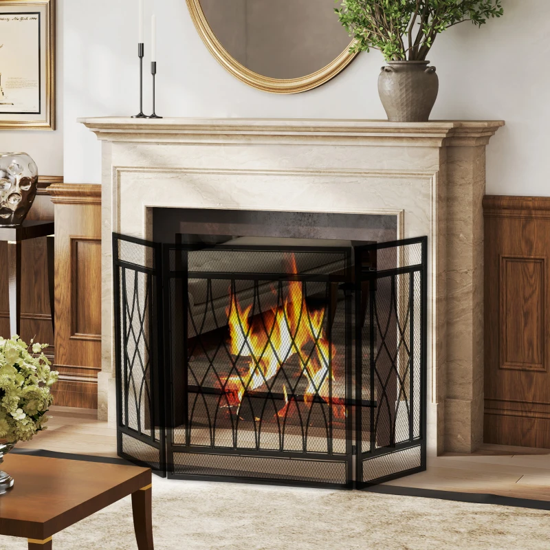 HOMCOM Grille de Protection pour cheminée - Pare-feu Large pour cheminée ou poêle - Pare-étincelles - barrière de sécurité - 3 Volets Pliables - métal Noir