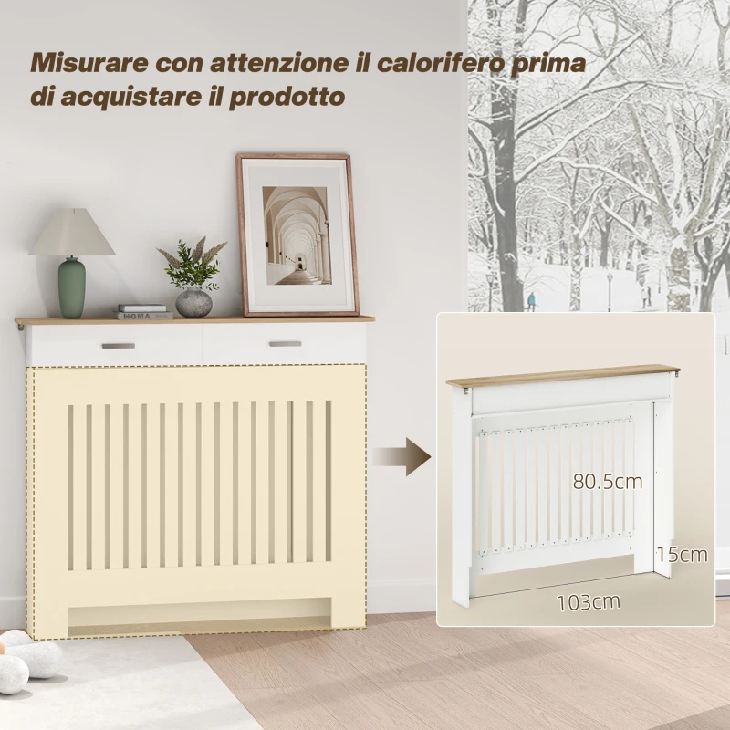 HOMCOM Copritermosifone a Doghe Antiribaltamento con Cassetto Portaoggetti, in Legno, 112x19x97 cm, Bianco
