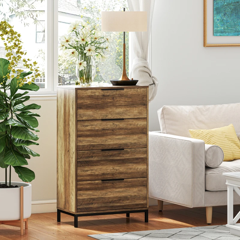 HOMCOM Cassettiera 4 Cassetti Antiribaltamento con Maniglie Nere, in Legno e Metallo, 62x35x105 cm, Marrone Chiaro