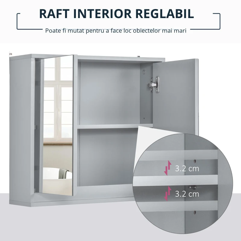 HOMCOM Dulăpior Suspendat de Baie cu Uși Duble din Sticlă și Raft Reglabil, 48x14.5x45cm, Gri