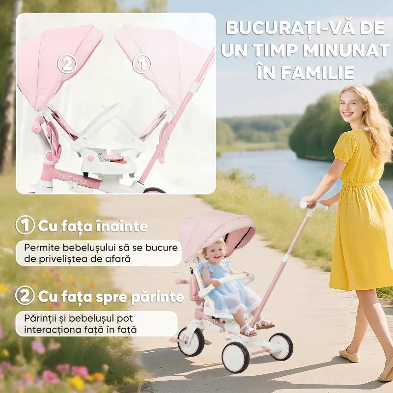 AIYAPLAY Triciclu pentru copii 5 în 1 cu mâner de împingere și acoperire detașabilă, 96,5x49x101 cm, roz