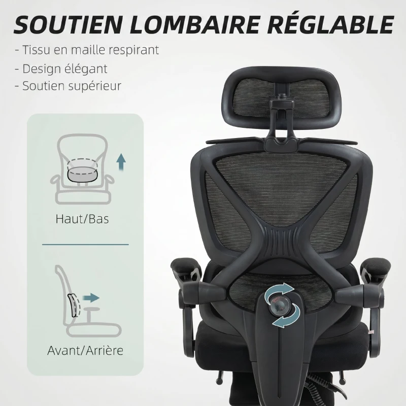 HOMCOM Chaise Bureau Ergonomique avec Appui-Tête Réglable, Fauteuil de Bureau Inclinable en Maille, Dossier Séparé, Noir