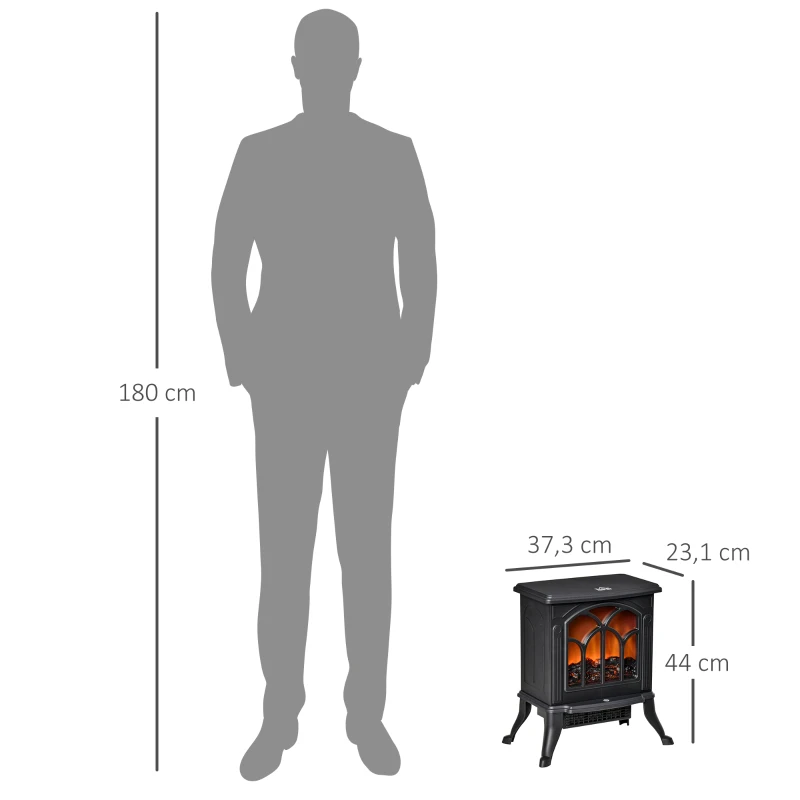 HOMCOM Camino Elettrico da Terra con 2 Livelli di Potenza 750/1500 W, Effetto Fiamma, Area di Copertura 15-20 m², Nero