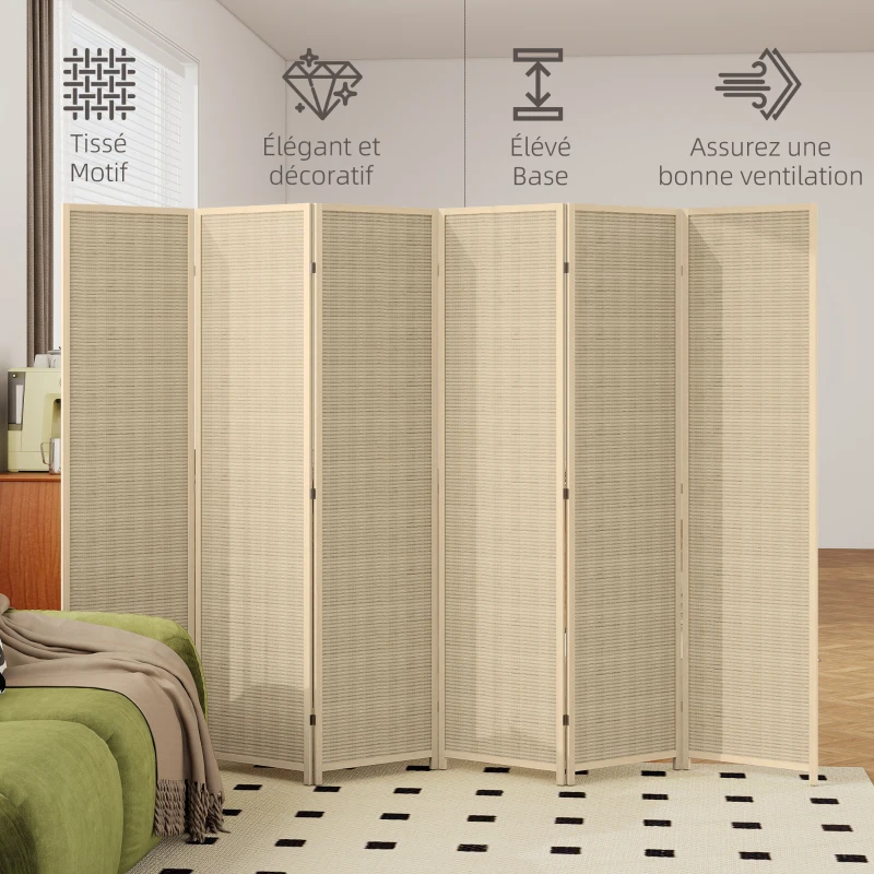 HOMCOM Paravent en bois séparateur de pièce closion de séparation pliable 6 panneaux 270 x 180 cm bois naturel