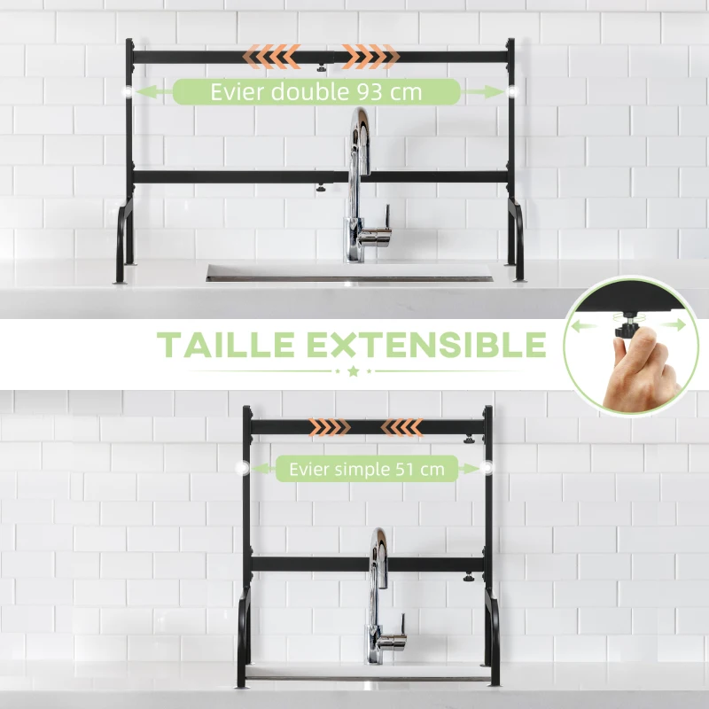 HOMCOM Égouttoir à vaisselle au-dessus de l'évier séchoir à vaisselle 2 niveaux, modulables en acier, 93 x 30 x 52 cm, noir