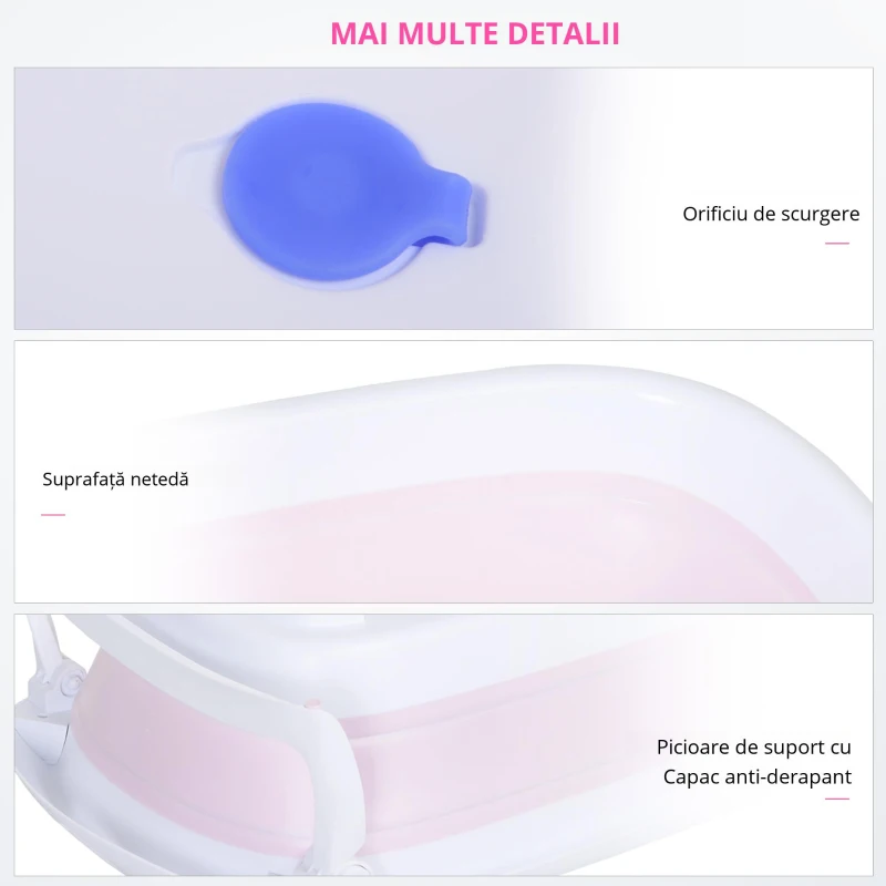 HOMCOM Cădiță de Baie Pliabilă pentru Nou-Născuți și Bebeluși, Antiderapantă, cu Dop de Evacuare a Apei, Design Ergonomic, Roz