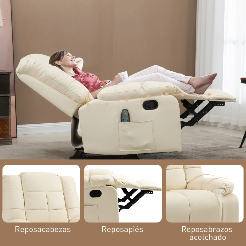 HOMCOM Sillón de Masaje Reclinable con 8 Puntos de Masaje Mando a Distancia Tapizado en PU Reposapiés Bolsillo Lateral Crema