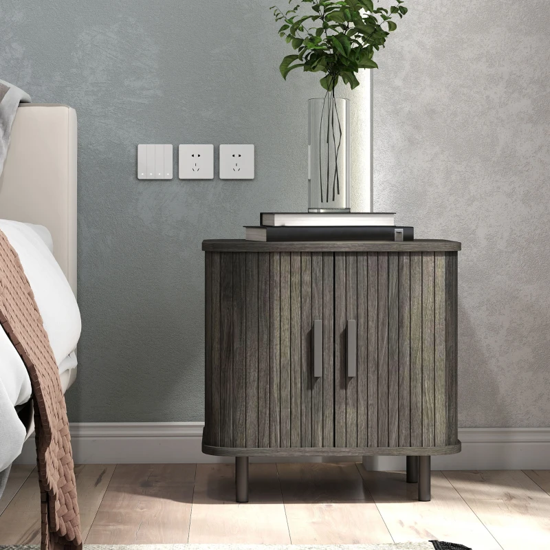 HOMCOM Nightstand with Sliding Doors and Metal Legs Grey