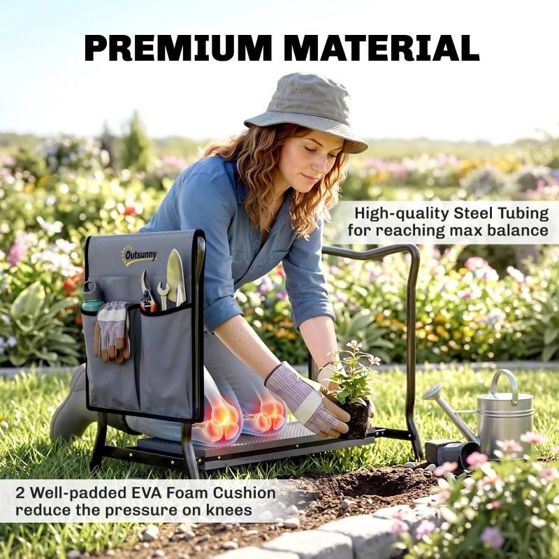 Outsunny Steel Frame Padded Garden Kneeler, with Tool Bag - Grey