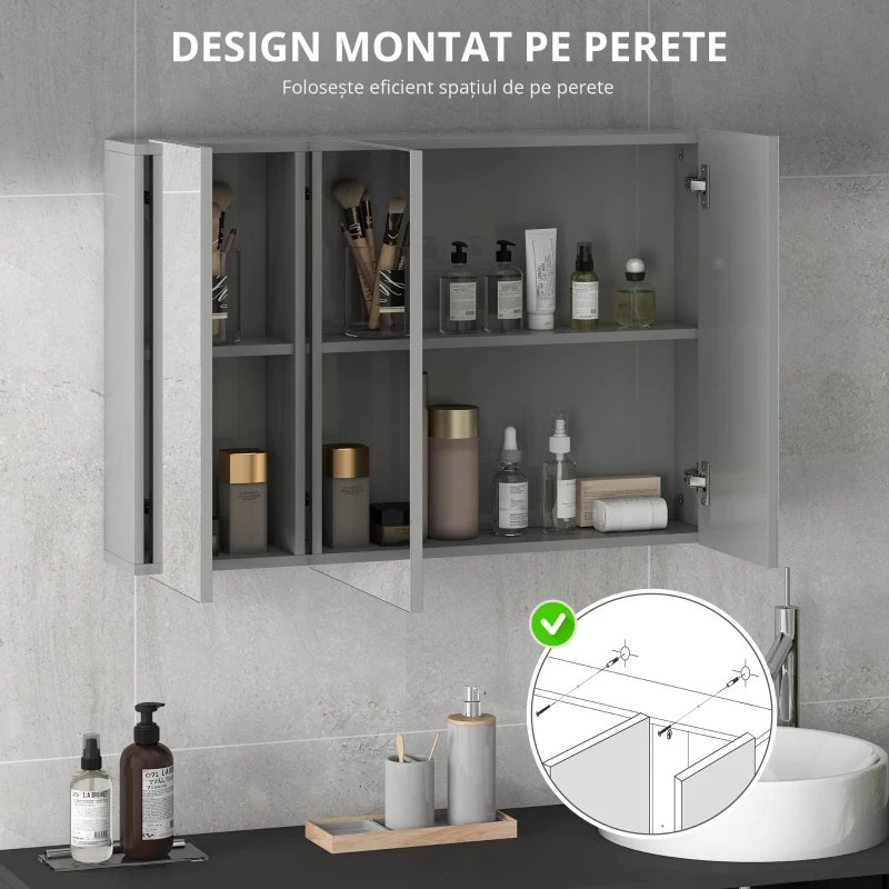 kleankin Dulap de baie suspendat cu 3 uși oglindă și polițe reglabile din MDF Gri dim. 90L x 15l x 60H cm