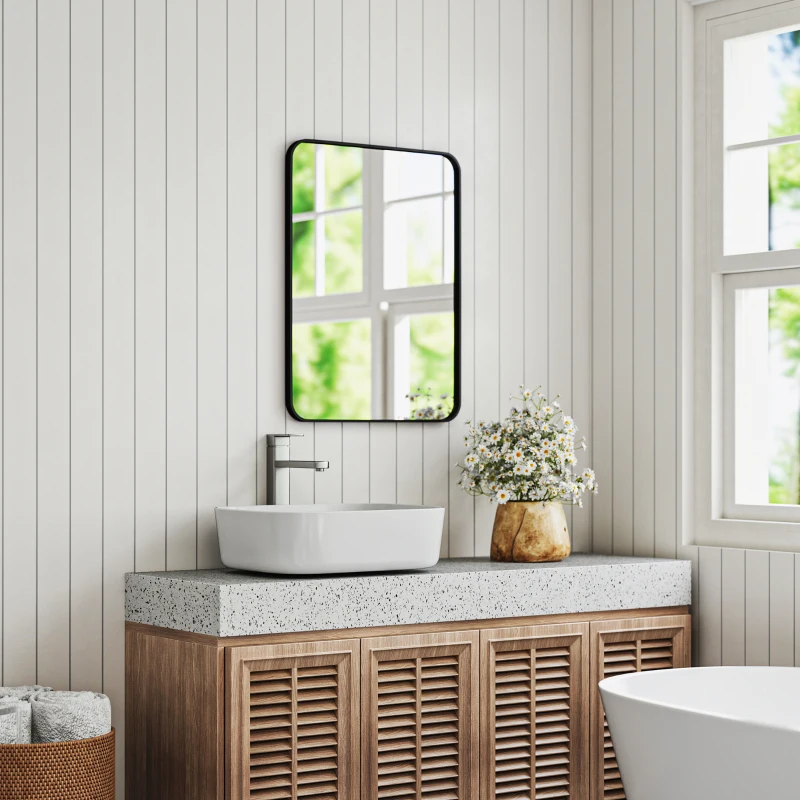 HOMCOM Specchio Bagno con Cornice in Metallo e Gancio, 60x2.5x80 cm, Nero