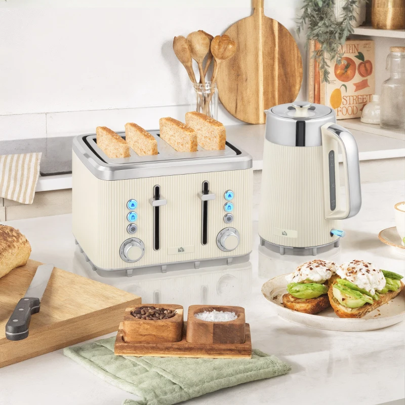 HOMCOM Electric Stainless Steel Kettle and Toaster Set, 3000W 1.7L UK Strix Thermostat Fast Boil Kettle w/ Limescale Filter, Cool Touch Body, 4 Slice Toaster with 7 Browning Levels, Cream White