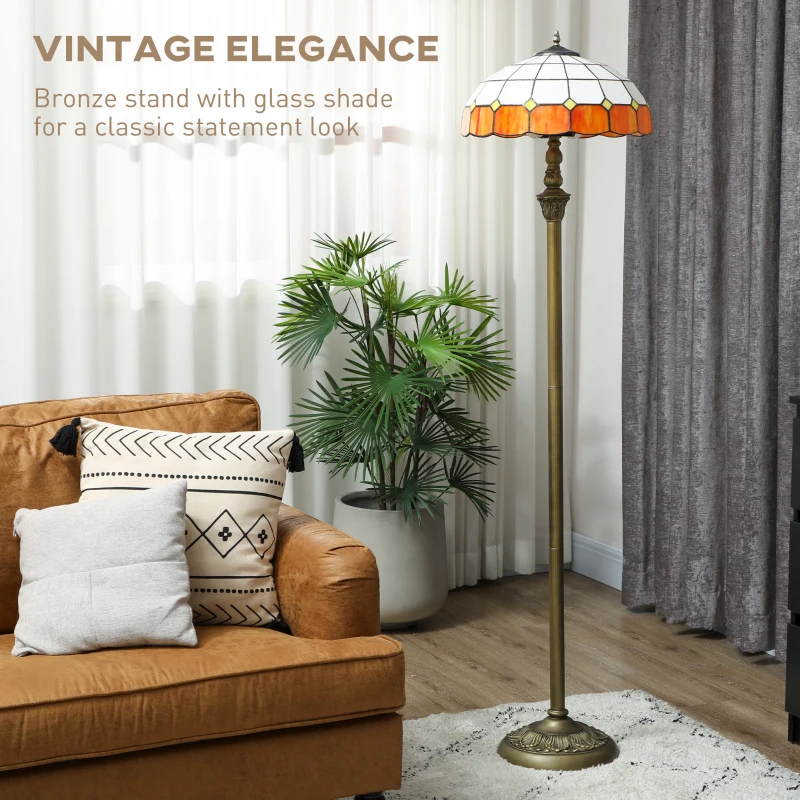 HOMCOM Tiffany-Style Floor Lamp with Handcrafted Stained Glass Shade, 152cm Tall Vintage Standing Lamp with Foot Switch and Dual Sockets for Living Room Bedroom, Bronze Tone and Orange