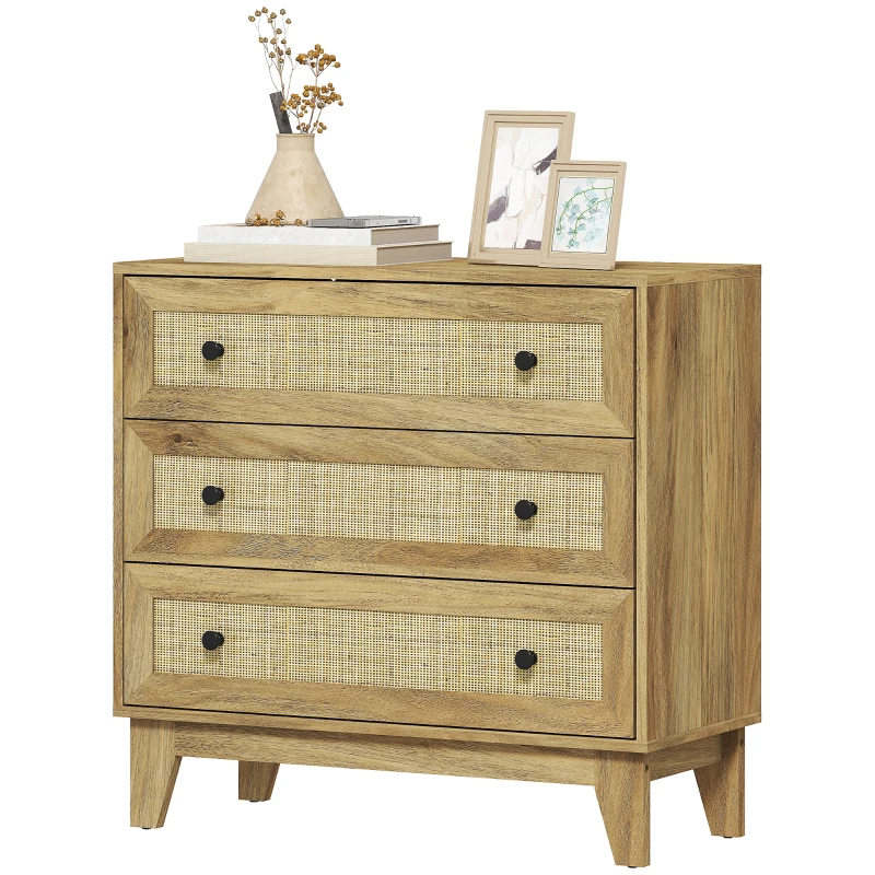 HOMCOM Cómoda con 3 Cajones Cajonera de Madera con Frontales de Ratán Estilo Cannage para Dormitorio 80x35x76 cm Natural