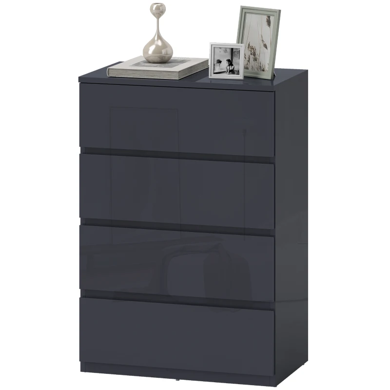 HOMCOM High Gloss Chest of Drawers, 4-Drawer Storage Cabinets, Modern Dresser for Bedroom, Grey