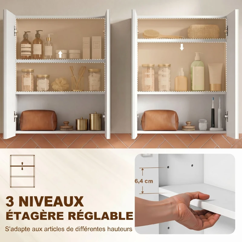 HOMCOM Armoire avec Miroir en Bois Rangement Salle de Bain Fermeture Porte Tampon MDF