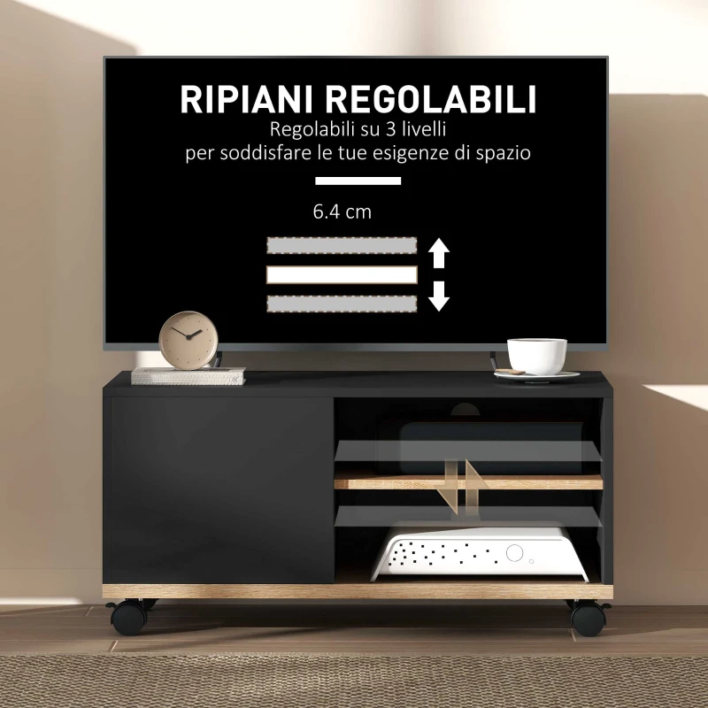HOMCOM Mobile Porta TV fino 42"con Ruote e Freni, Armadietto e Ripiano Regolabile, 80x45x41 cm, Nero
